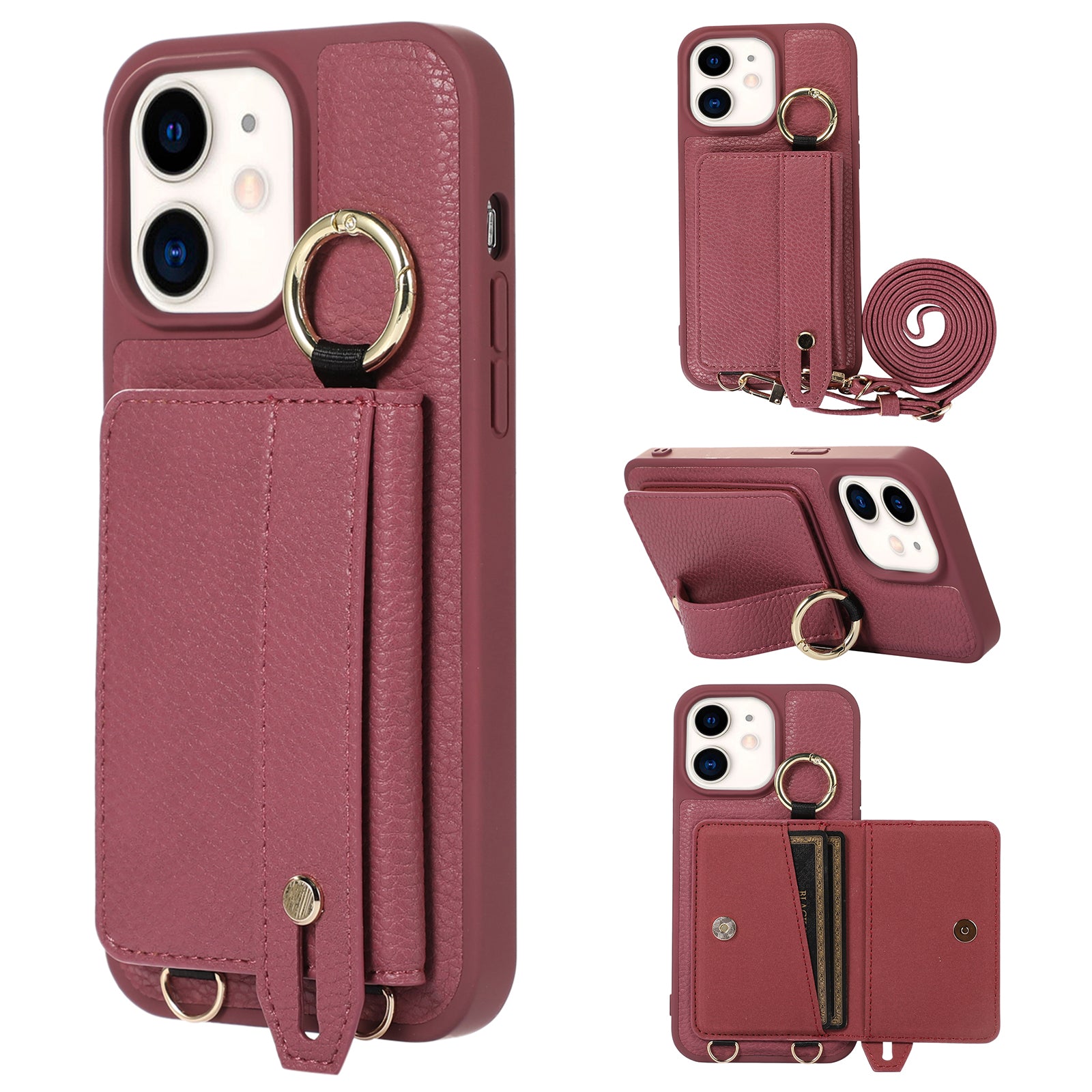 Fall-proof Cover for iPhone 11 6.1 inch Card Holder Hand Strap Leather TPU Phone Kickstand Case with Shoulder Strap Fall-proof Cover for iPhone 11 6.1 inch Card Holder Hand Strap Leather TPU Phone Kickstand Case with Shoulder Strap
